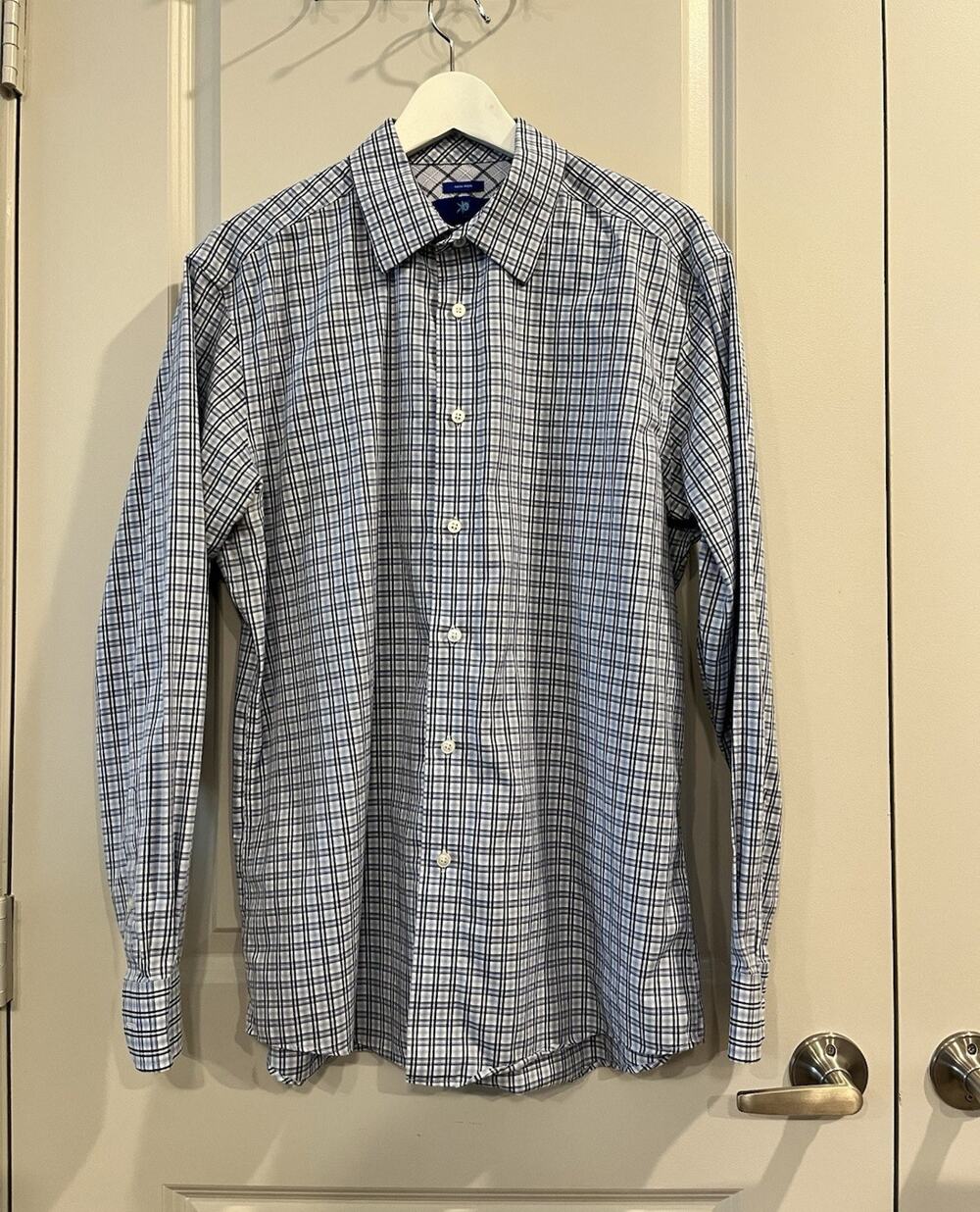 Egara Non-Iron Regular Fit Blue/White Plaid Cotton Dress Shirt L 32/33